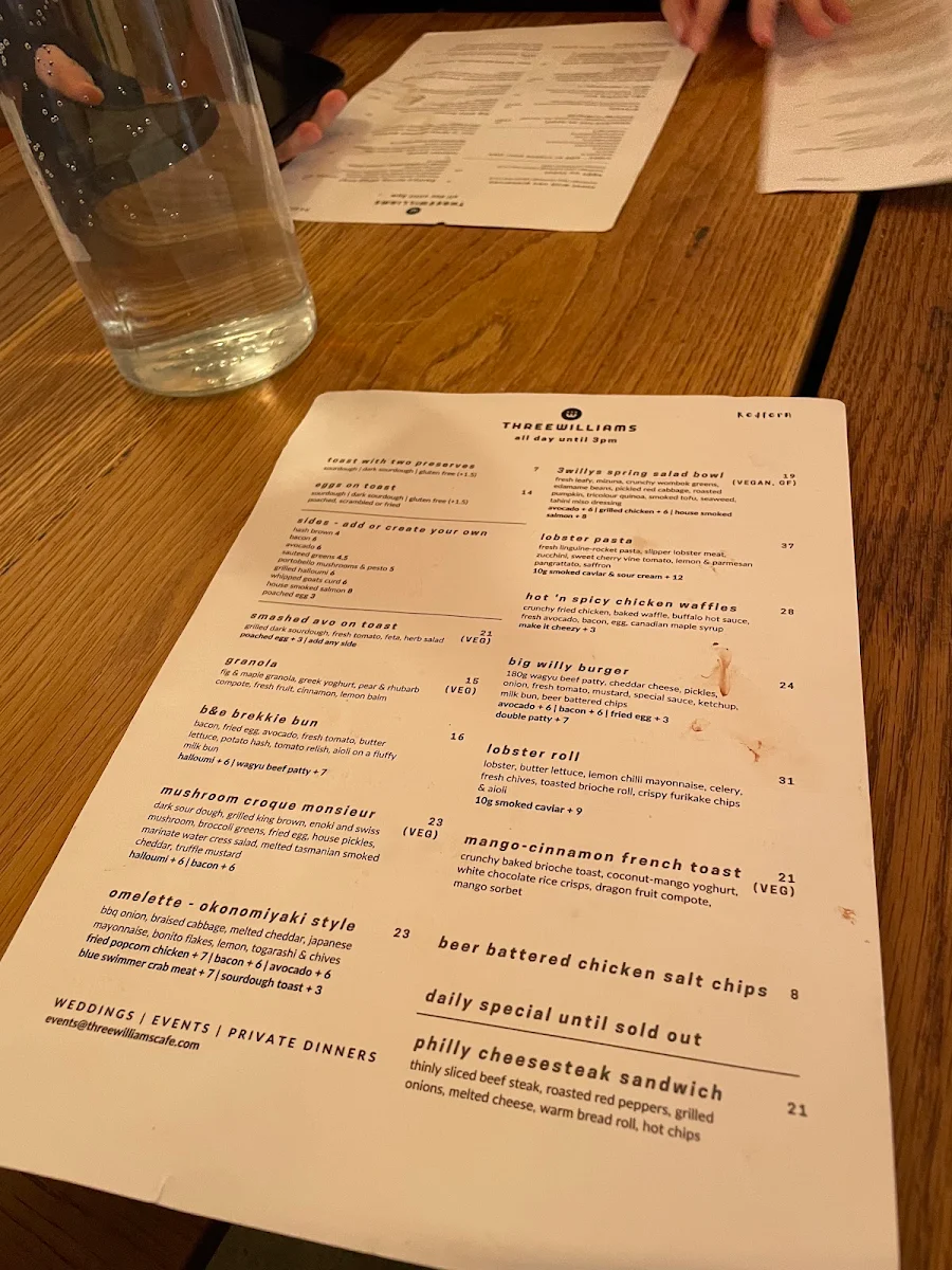 Menu, Three Williams Cafe