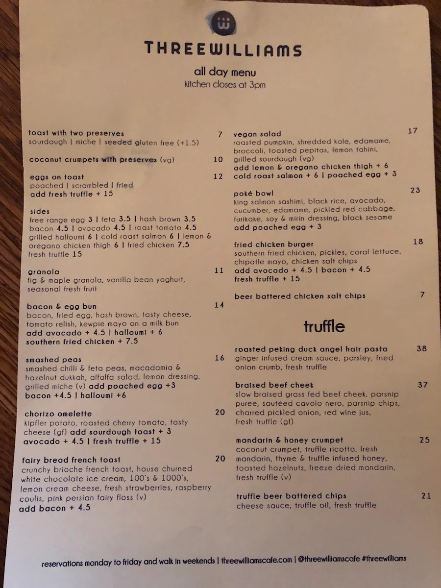 Menu, Three Williams Cafe