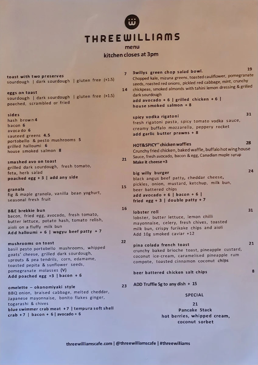 Menu, Three Williams Cafe