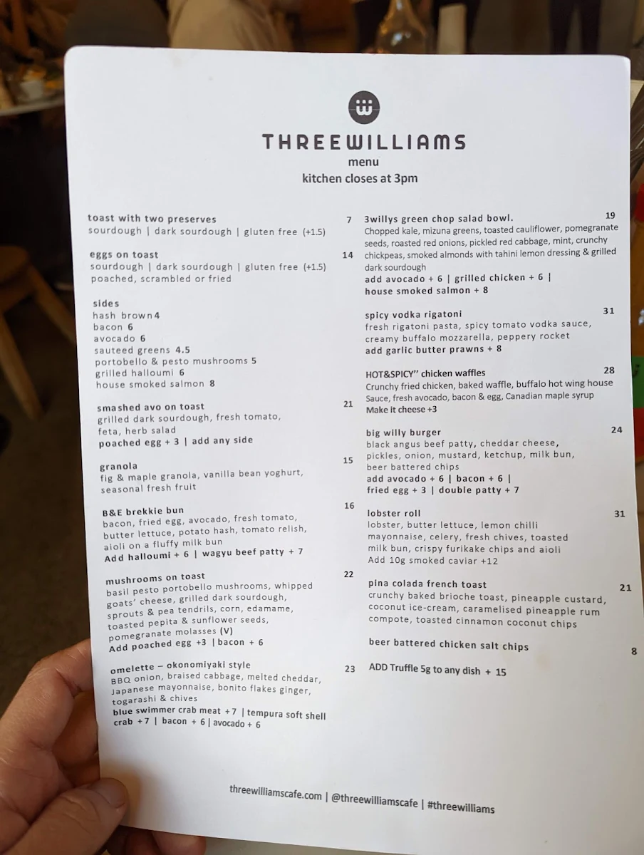 Menu, Three Williams Cafe