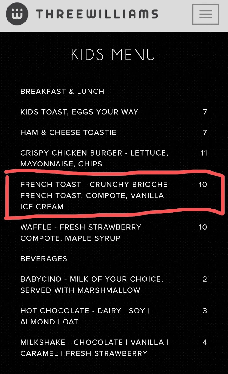Menu, Three Williams Cafe