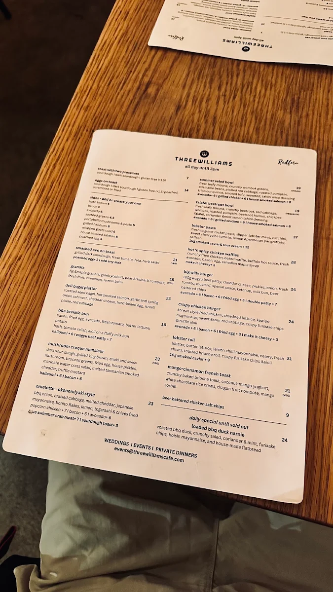 Menu, Three Williams Cafe