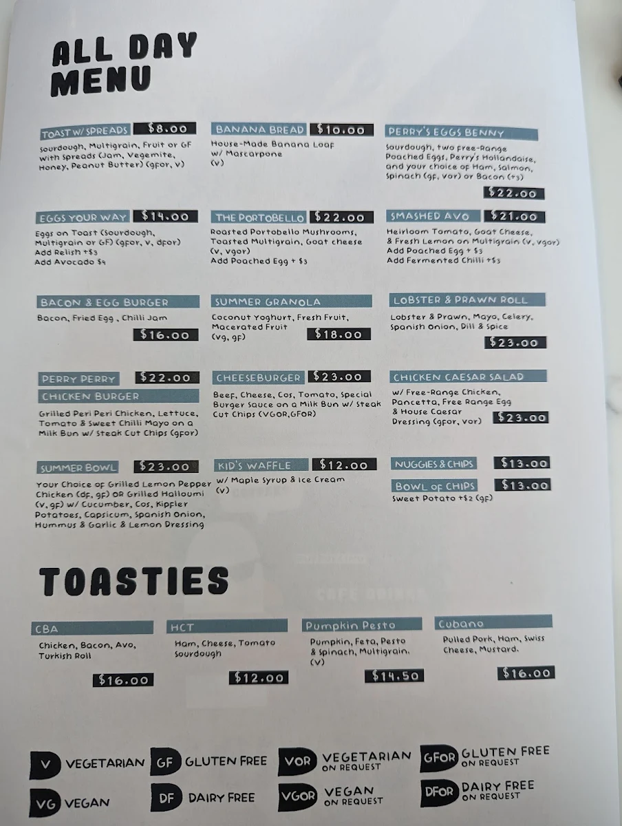 Menu, Perry’s (Peregrine Social Club)
