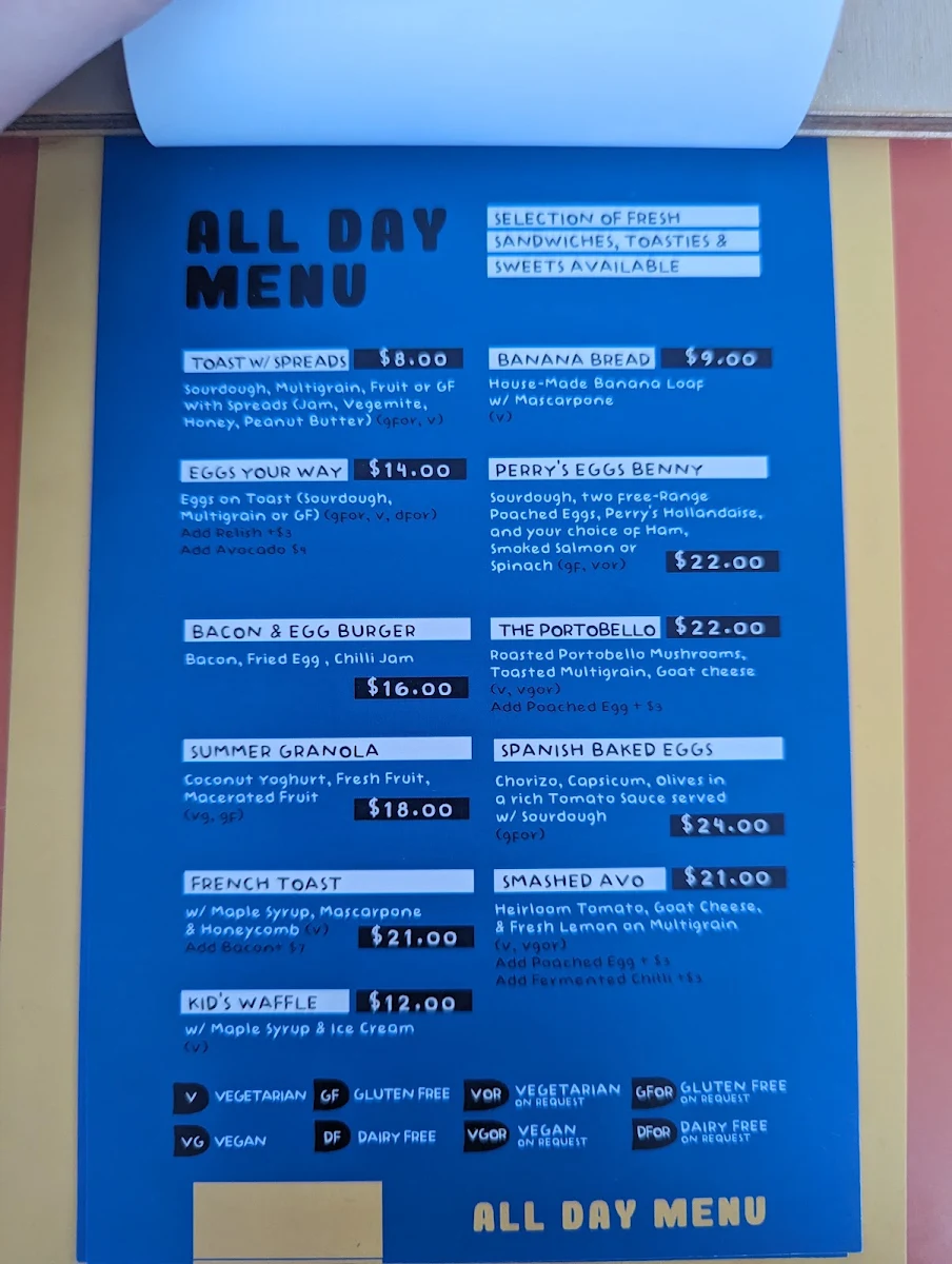 Menu, Perry’s (Peregrine Social Club)