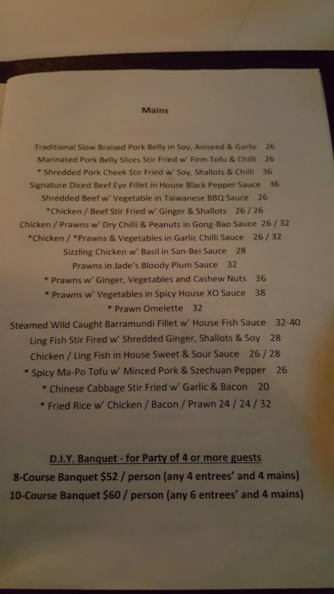 Menu, Blue Eye Dragon