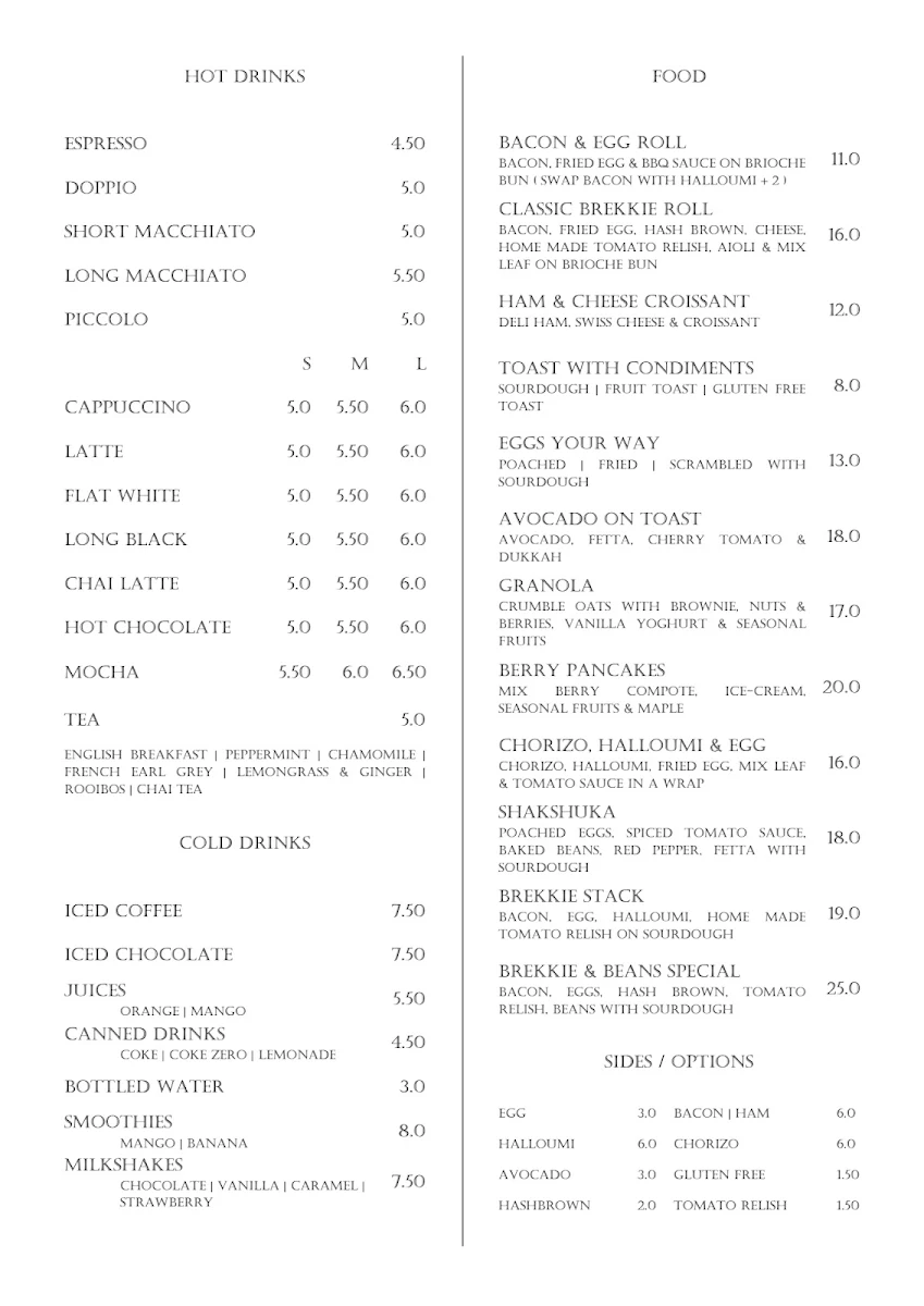 Menu, Brekkie & Beans