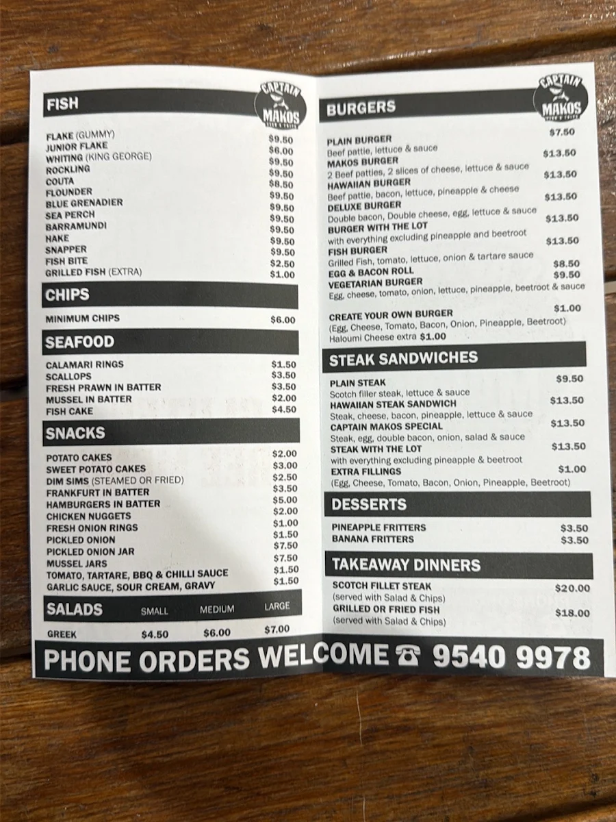 Menu, Captain Mako's Fish & Chips
