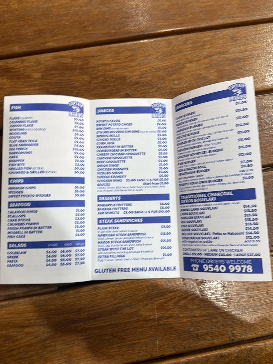 Menu, Captain Mako's Fish & Chips
