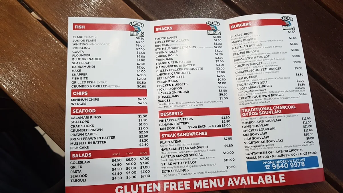 Menu, Captain Mako's Fish & Chips