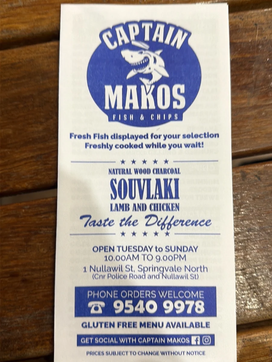 Menu, Captain Mako's Fish & Chips
