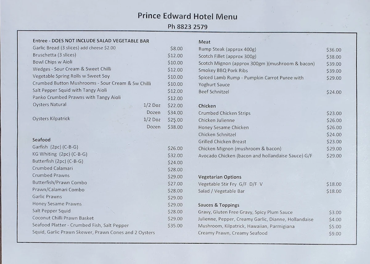 Menu, Prince Edward Hotel
