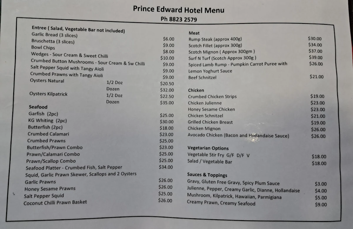 Menu, Prince Edward Hotel