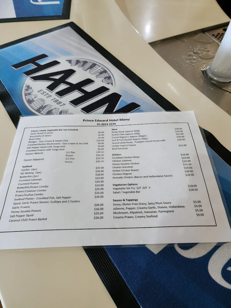 Menu, Prince Edward Hotel