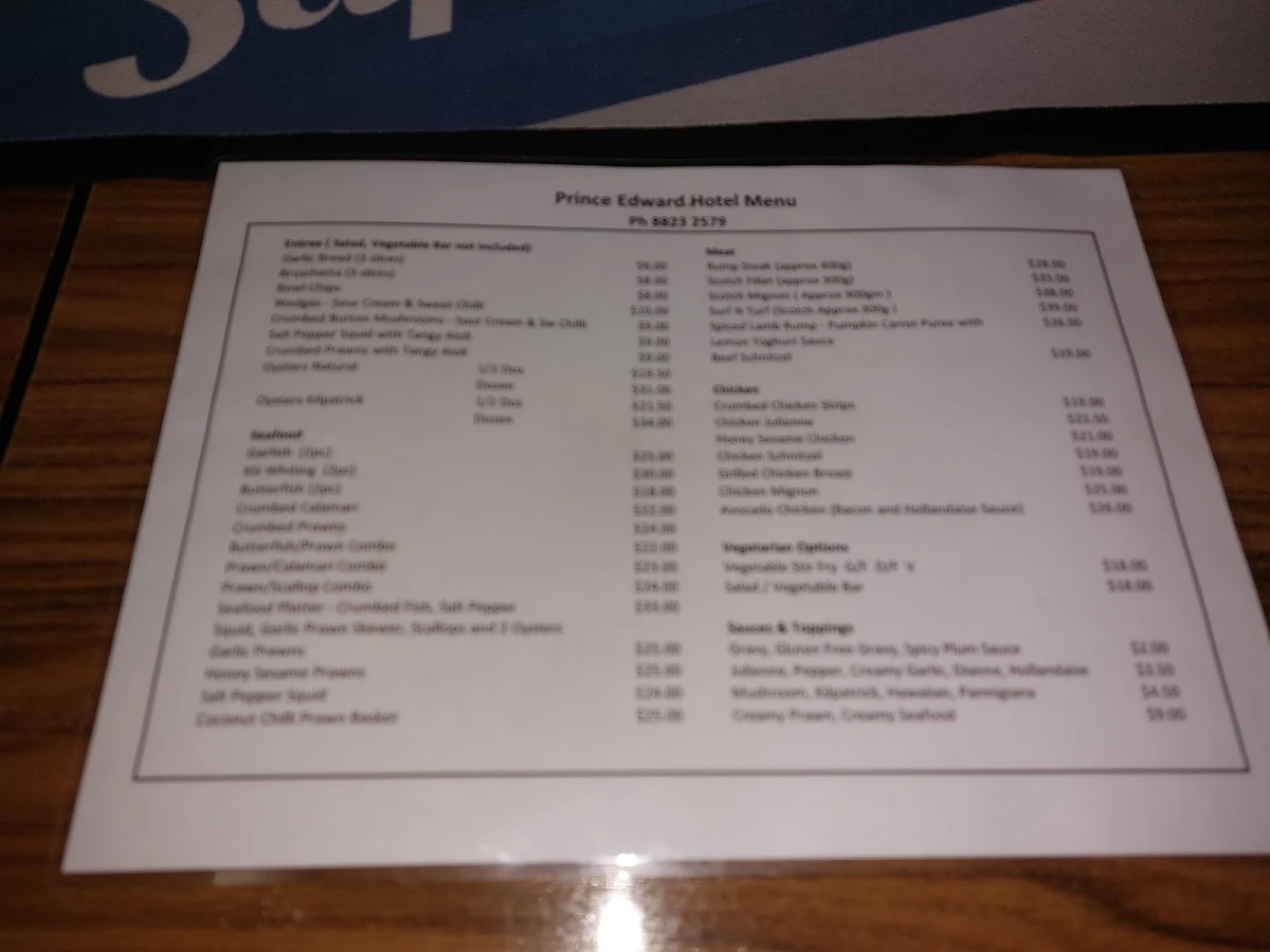 Menu, Prince Edward Hotel