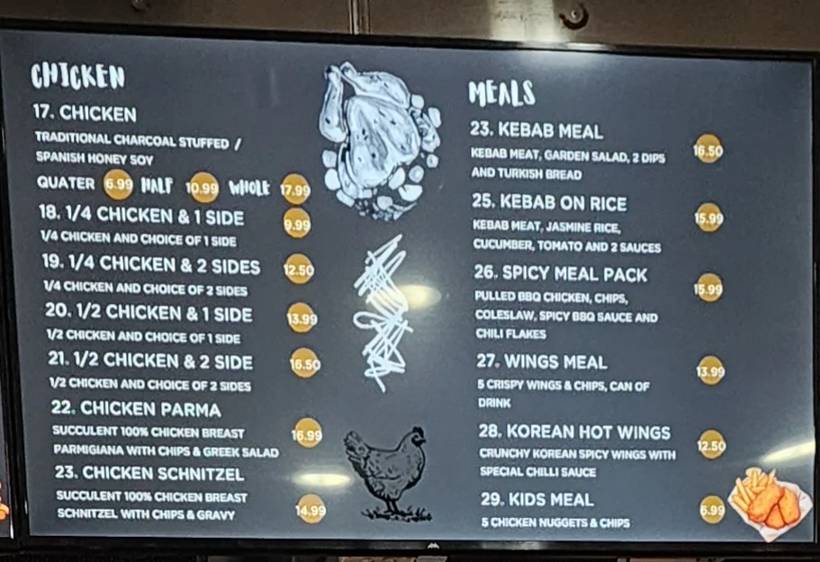 Menu, Derrimut Charcoal Chicken & Kebab