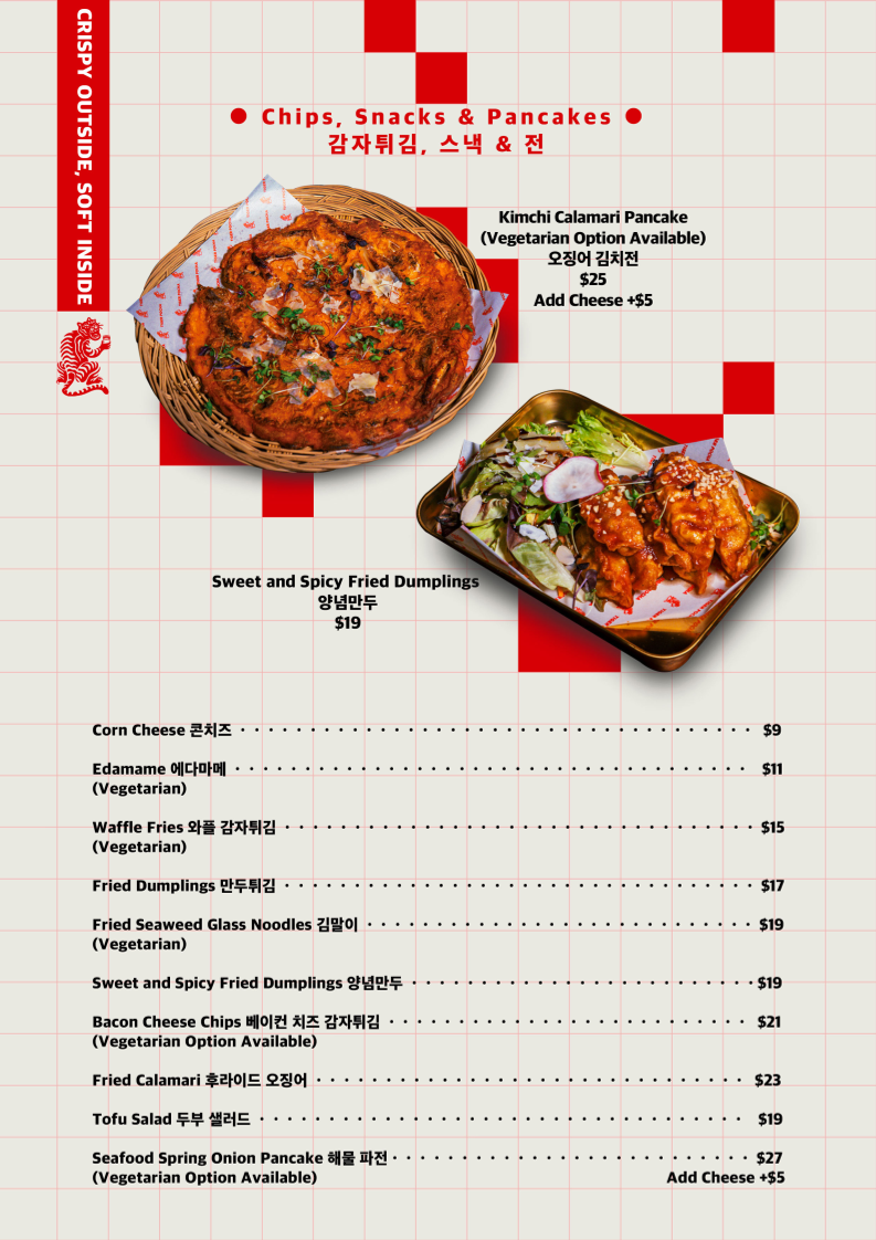 Menu, Tiger Korean Pocha