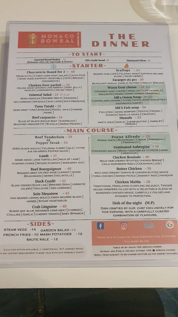 Menu, Monaco Bowral Restaurant