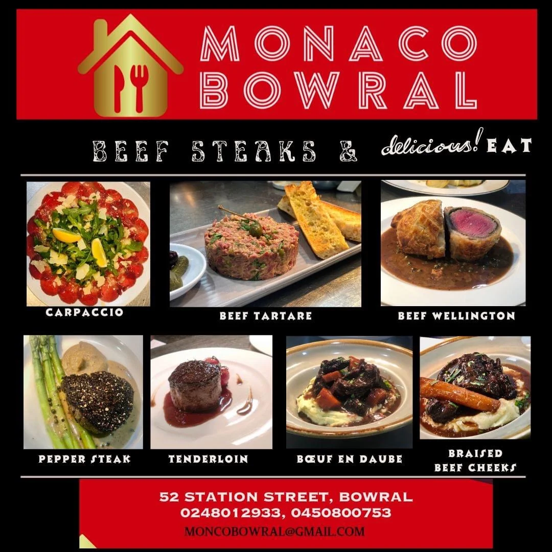 Menu, Monaco Bowral Restaurant
