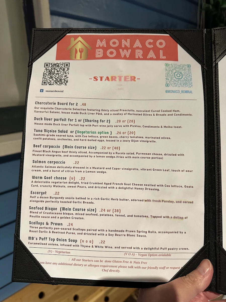 Menu, Monaco Bowral Restaurant