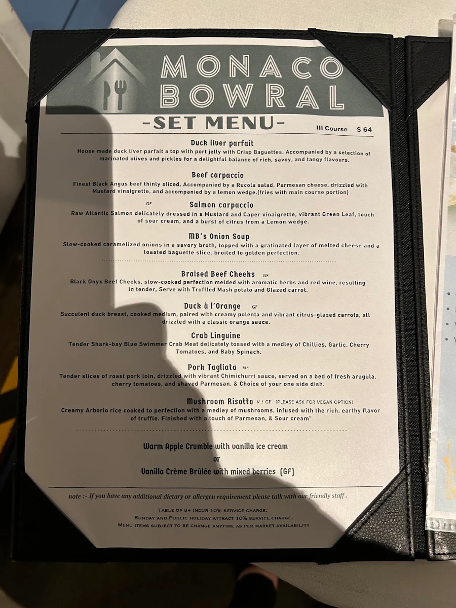 Menu, Monaco Bowral Restaurant