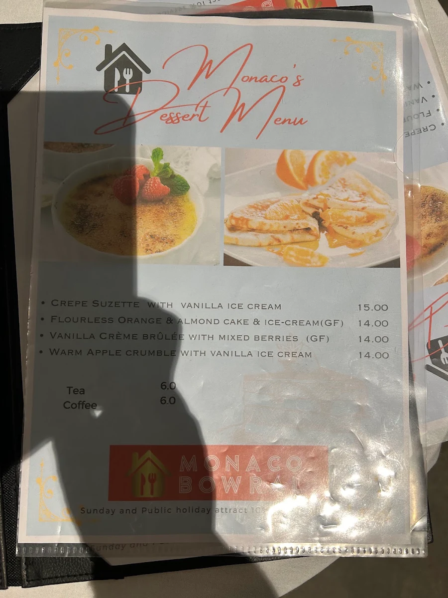Menu, Monaco Bowral Restaurant