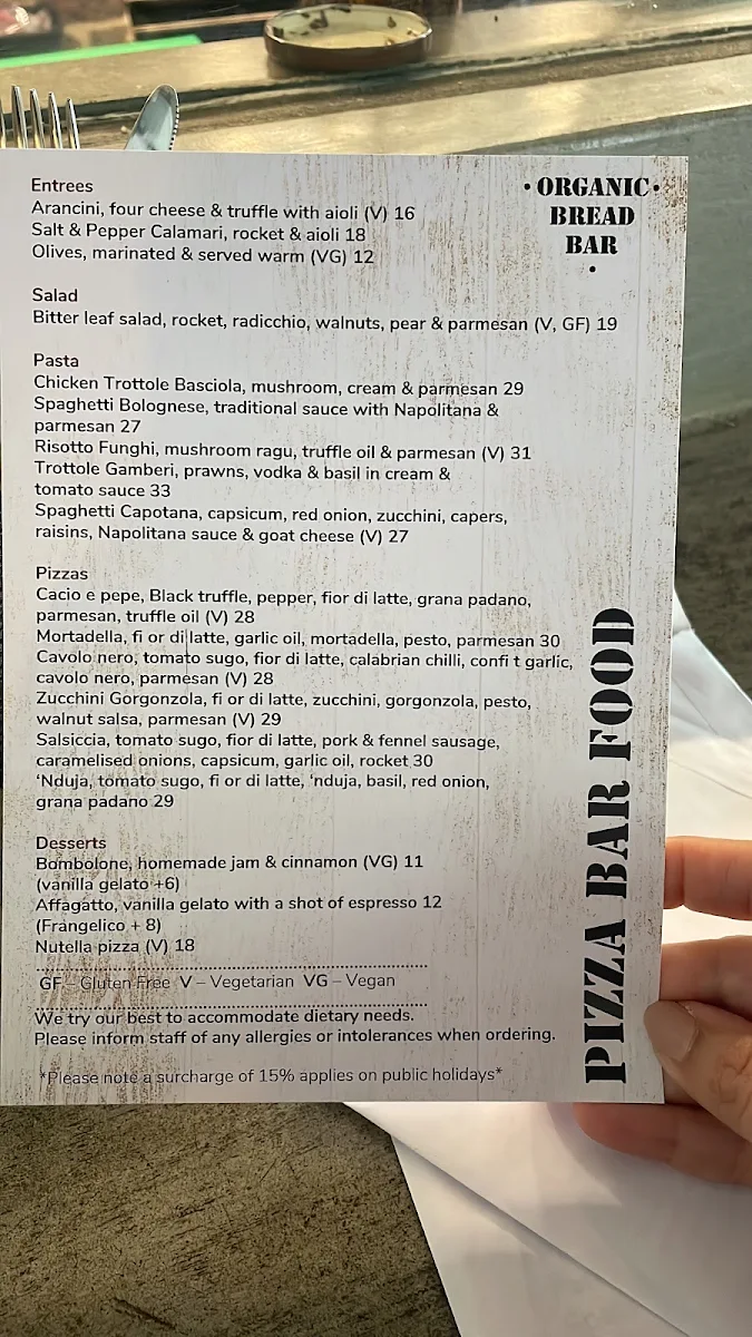 Menu, Organic Bread Bar Darlinghurst