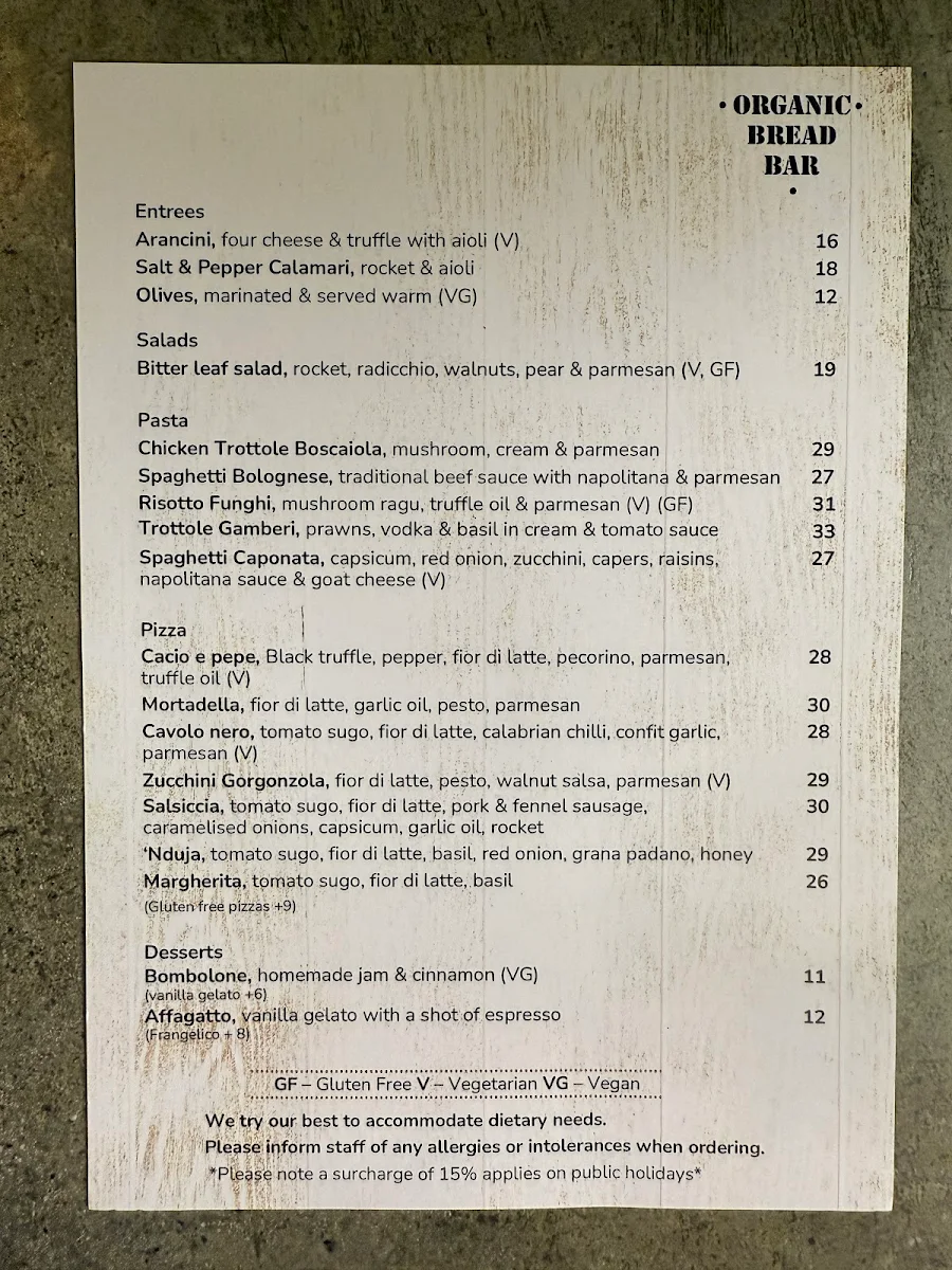 Menu, Organic Bread Bar Darlinghurst