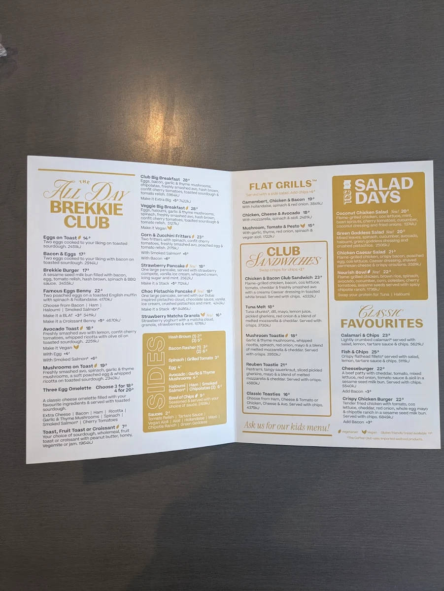 Menu, The Coffee Club Margaret Street Toowoomba