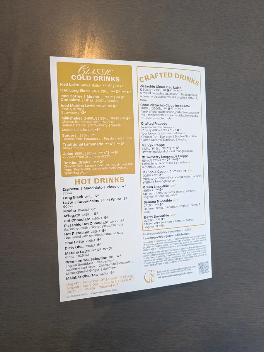 Menu, The Coffee Club Margaret Street Toowoomba