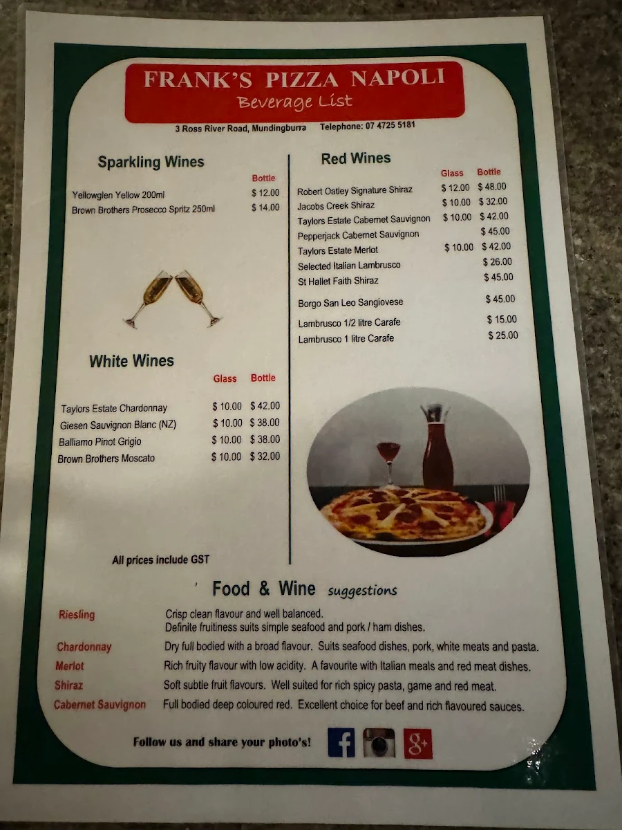 Menu, Frank's Pizza Napoli & Vesuviana Restaurant
