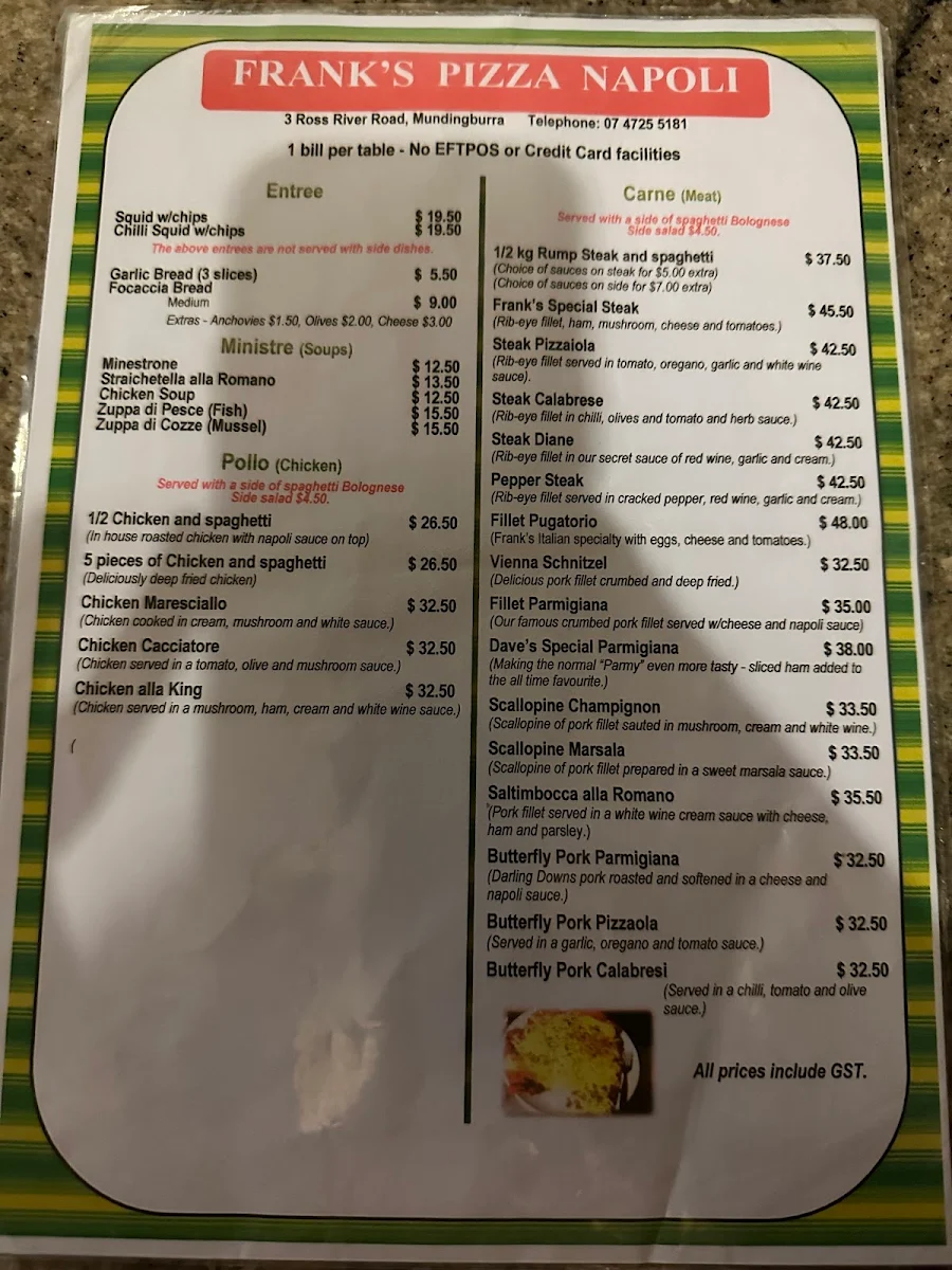 Menu, Frank's Pizza Napoli & Vesuviana Restaurant