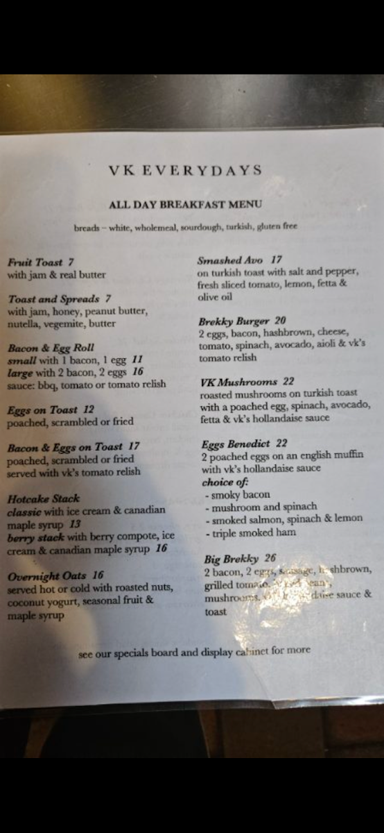 Menu, VK Everydays Beaudesert
