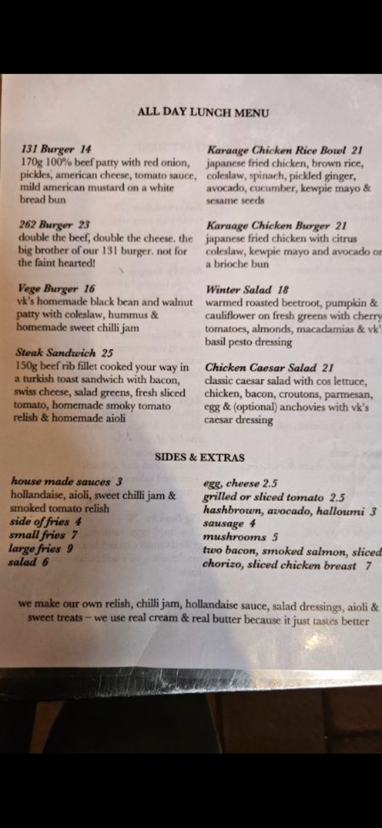 Menu, VK Everydays Beaudesert