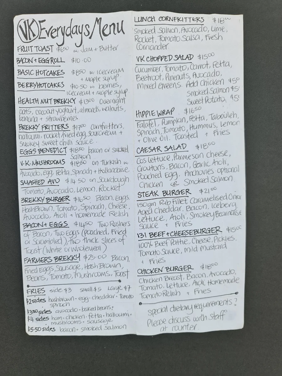 Menu, VK Everydays Beaudesert