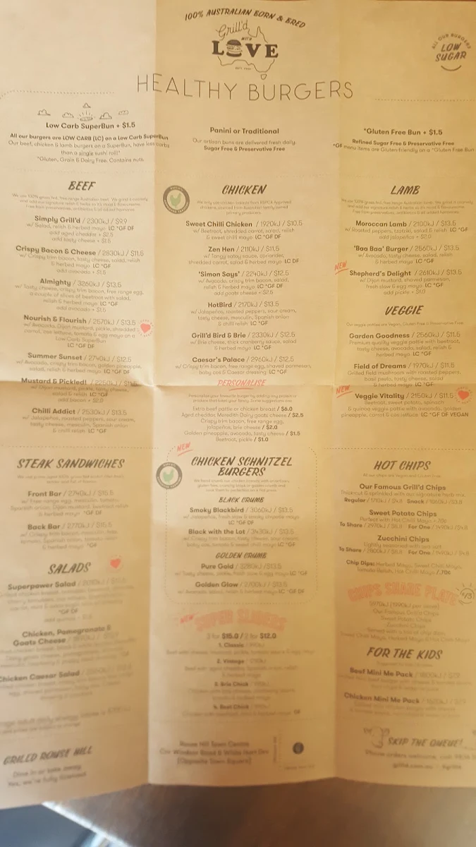 Menu, Grill'd Rouse Hill
