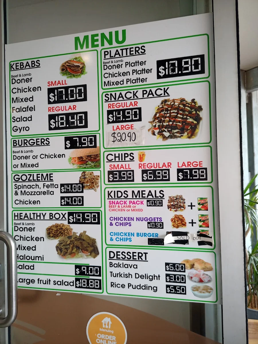 Menu, Mango Hill Kebabs