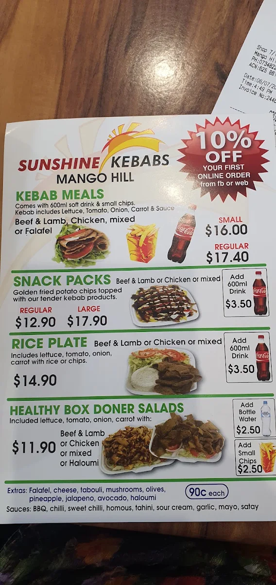 Menu, Mango Hill Kebabs