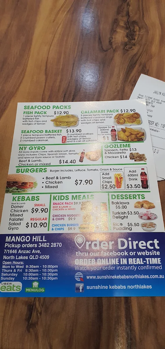 Menu, Mango Hill Kebabs