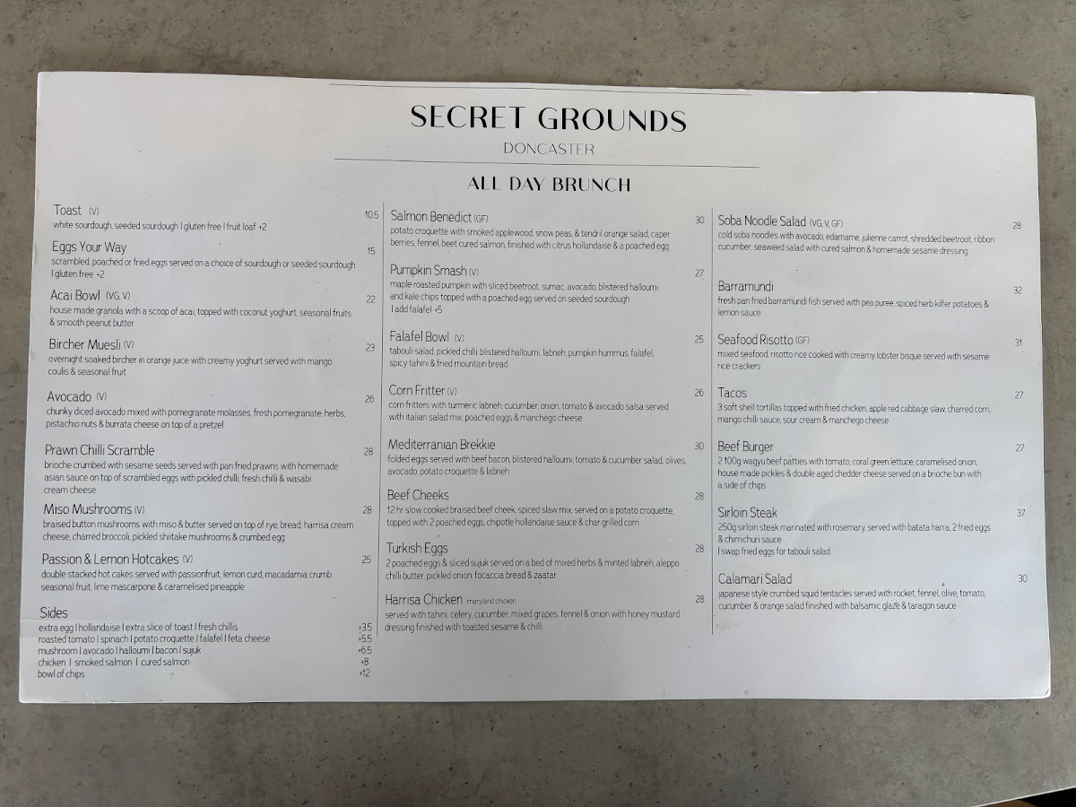 Menu, Secret Grounds Cafe Doncaster