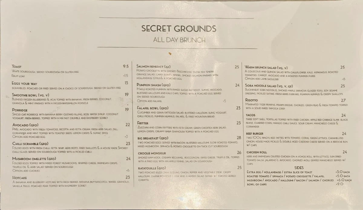 Menu, Secret Grounds Cafe Doncaster