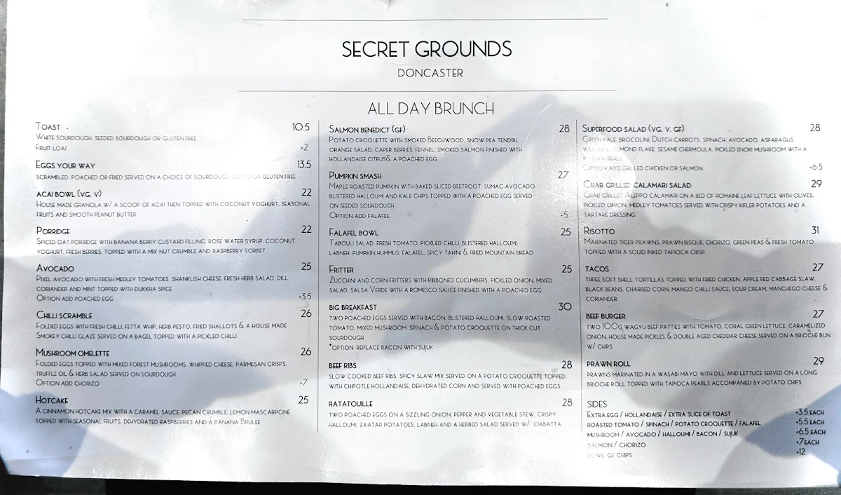 Menu, Secret Grounds Cafe Doncaster