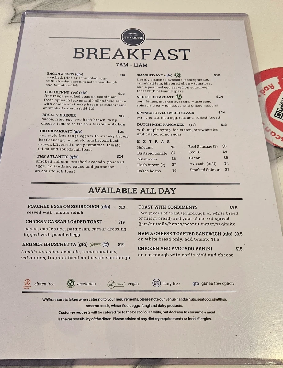 Menu, Jetty Lounge