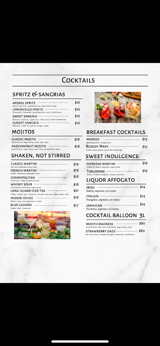 Menu, Jetty Lounge