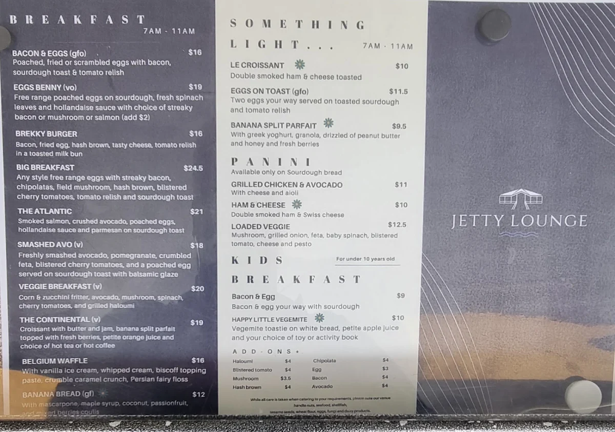 Menu, Jetty Lounge