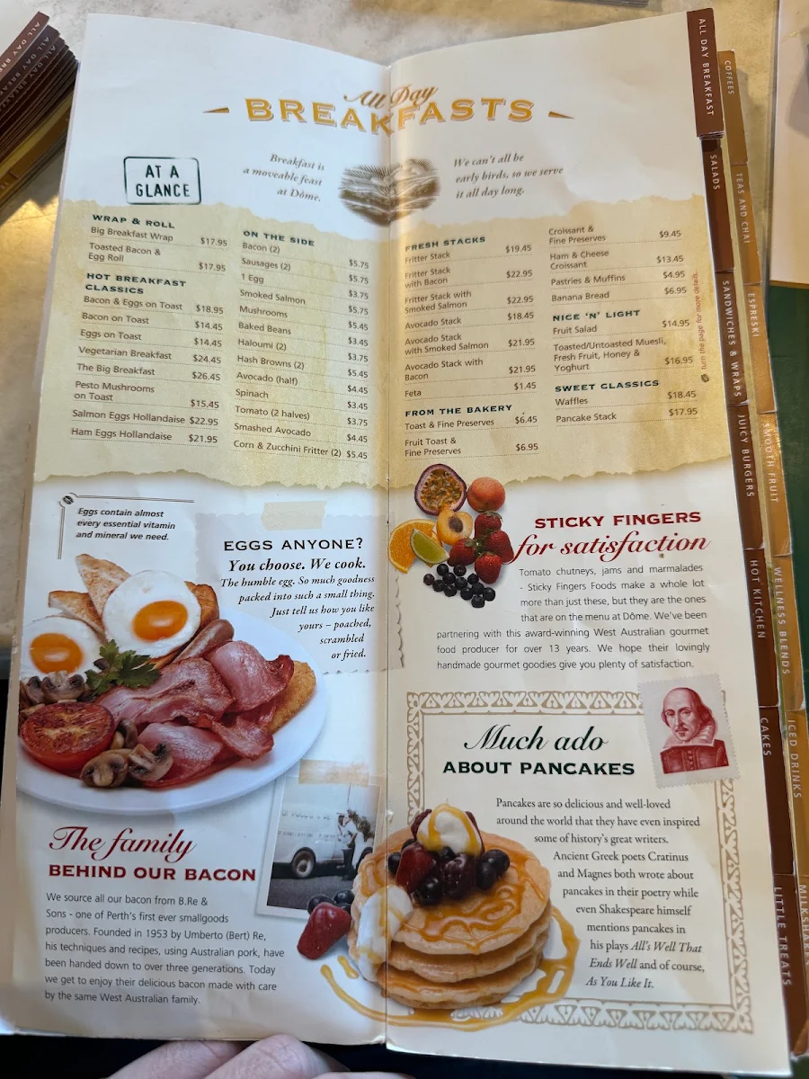 Menu, Dôme Café - Mundaring
