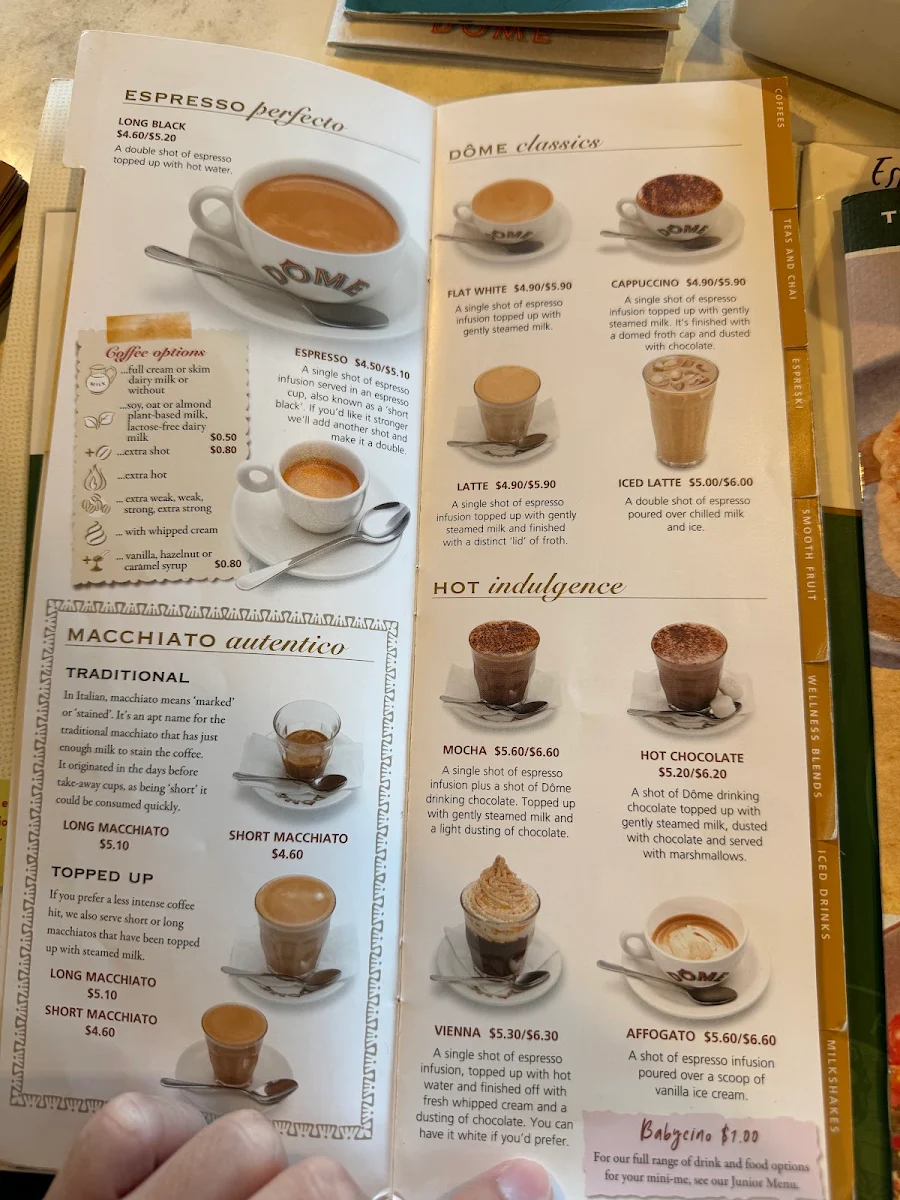 Menu, Dôme Café - Mundaring