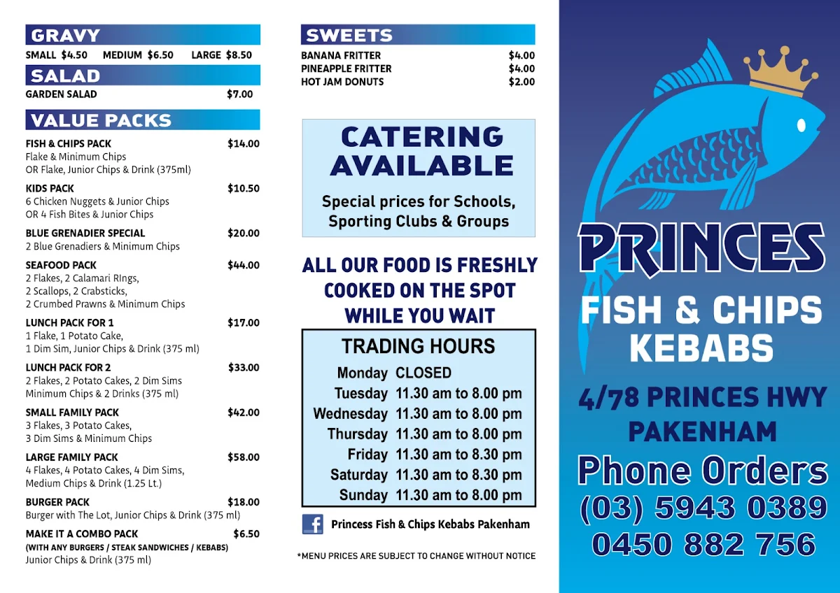 Menu, Princes Fish & Chips Pakenham