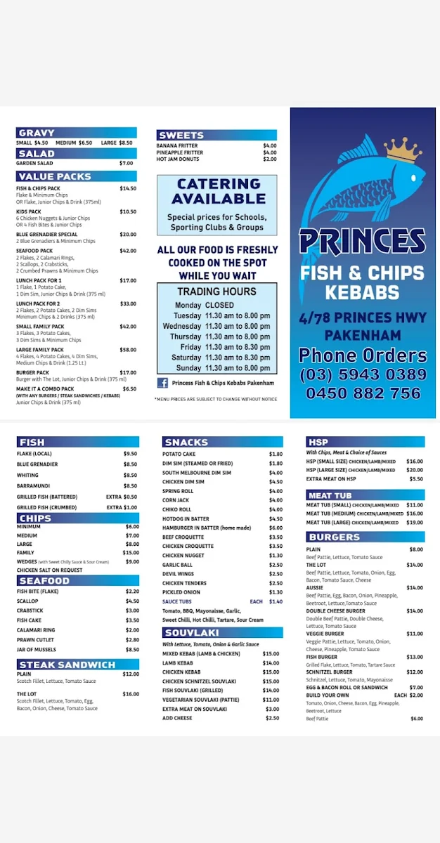Menu, Princes Fish & Chips Pakenham