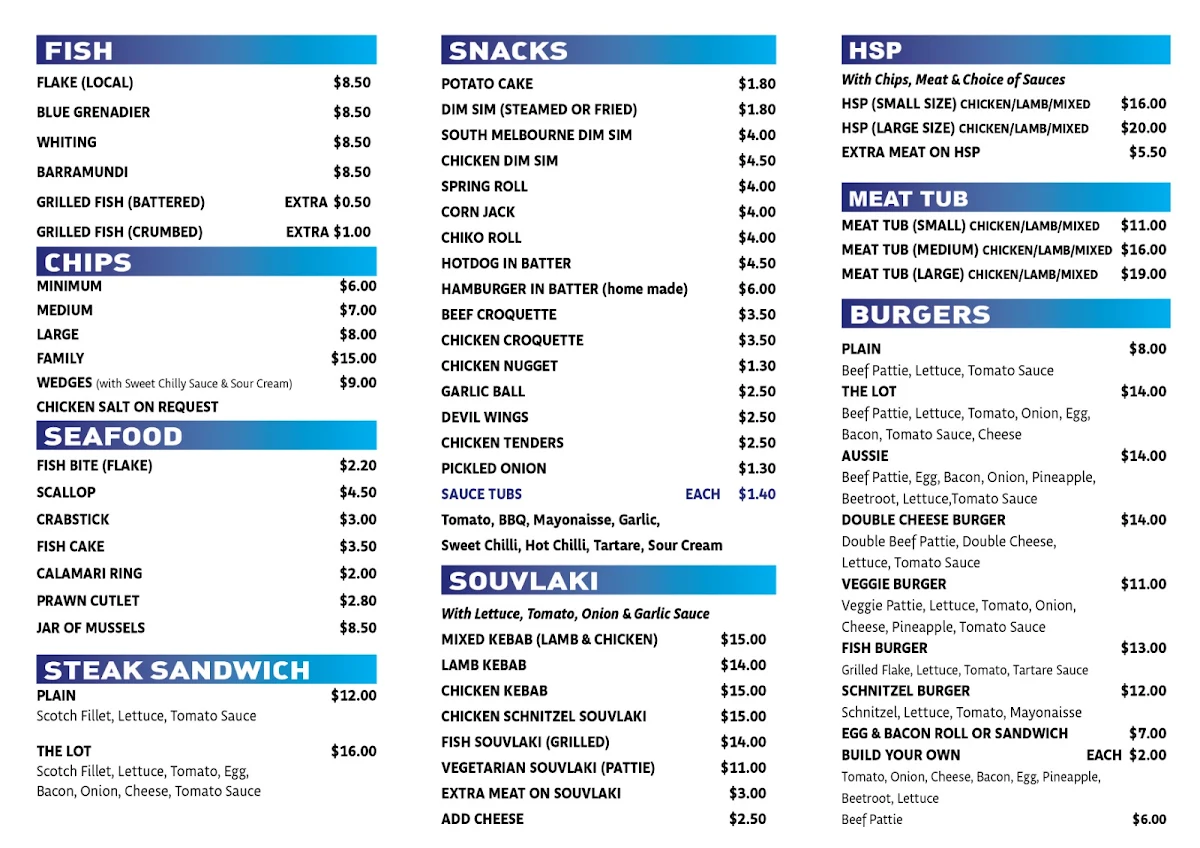 Menu, Princes Fish & Chips Pakenham