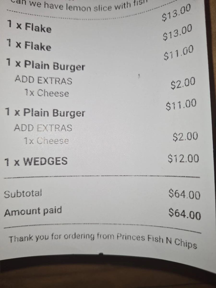 Menu, Princes Fish & Chips Pakenham
